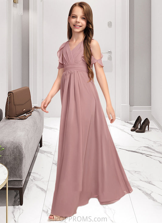 Claire A-Line V-neck Floor-Length Chiffon Junior Bridesmaid Dress With Cascading Ruffles PP6P0013413