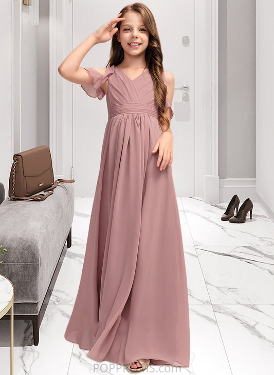 Claire A-Line V-neck Floor-Length Chiffon Junior Bridesmaid Dress With Cascading Ruffles PP6P0013413