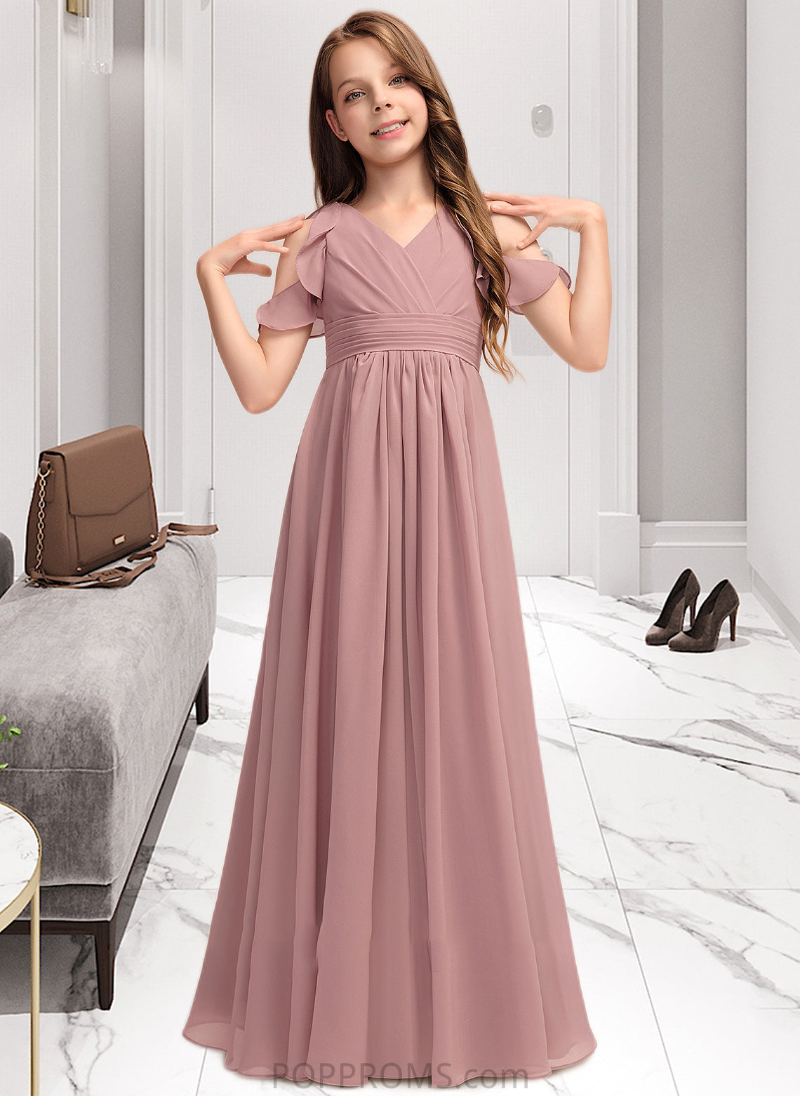 Claire A-Line V-neck Floor-Length Chiffon Junior Bridesmaid Dress With Cascading Ruffles PP6P0013413