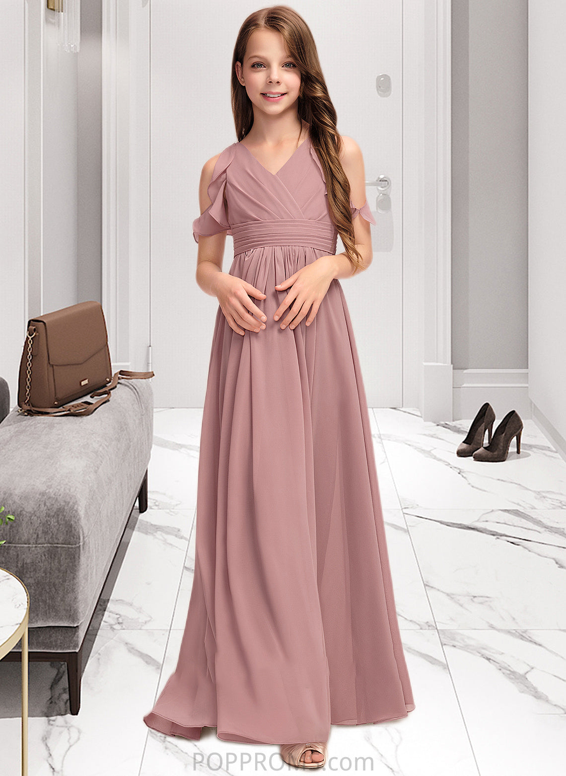 Claire A-Line V-neck Floor-Length Chiffon Junior Bridesmaid Dress With Cascading Ruffles PP6P0013413