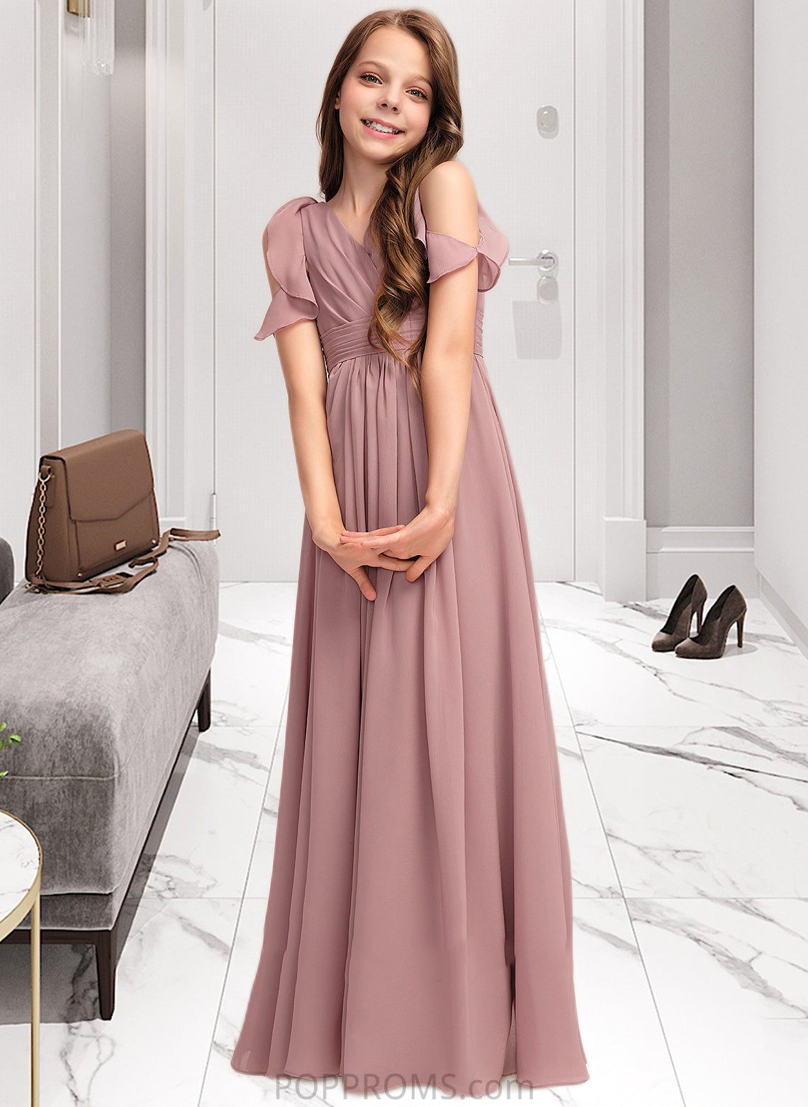 Claire A-Line V-neck Floor-Length Chiffon Junior Bridesmaid Dress With Cascading Ruffles PP6P0013413