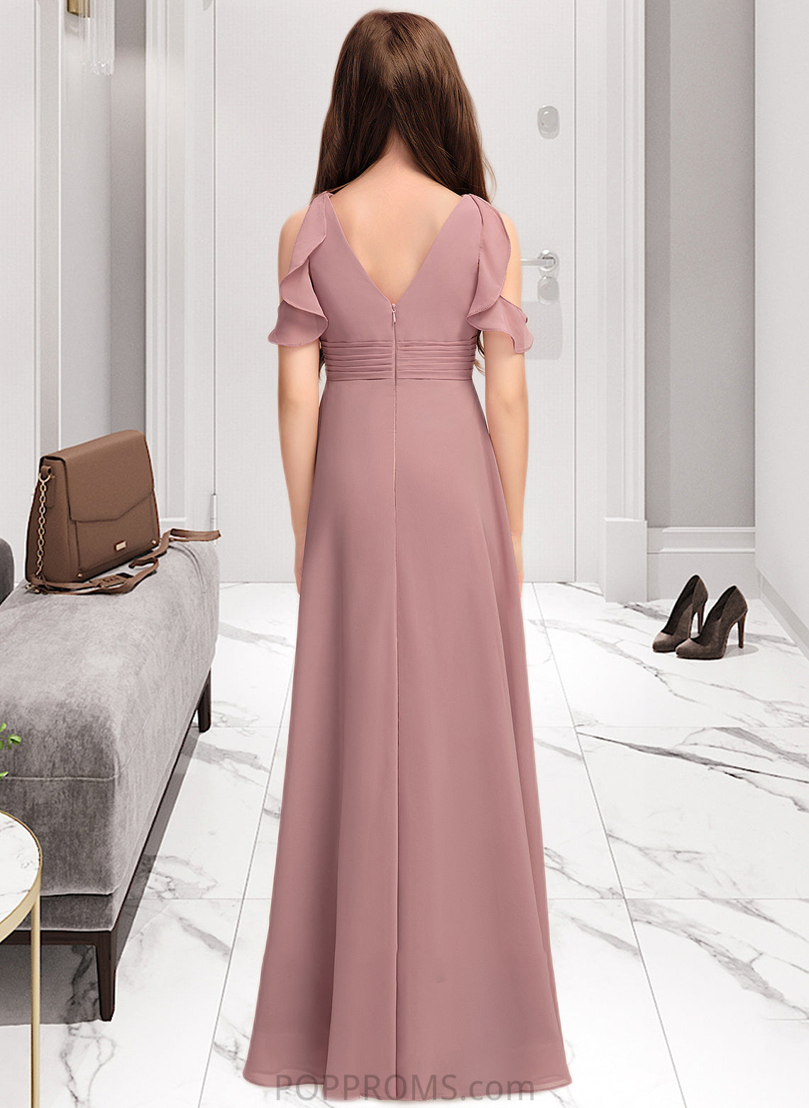 Claire A-Line V-neck Floor-Length Chiffon Junior Bridesmaid Dress With Cascading Ruffles PP6P0013413