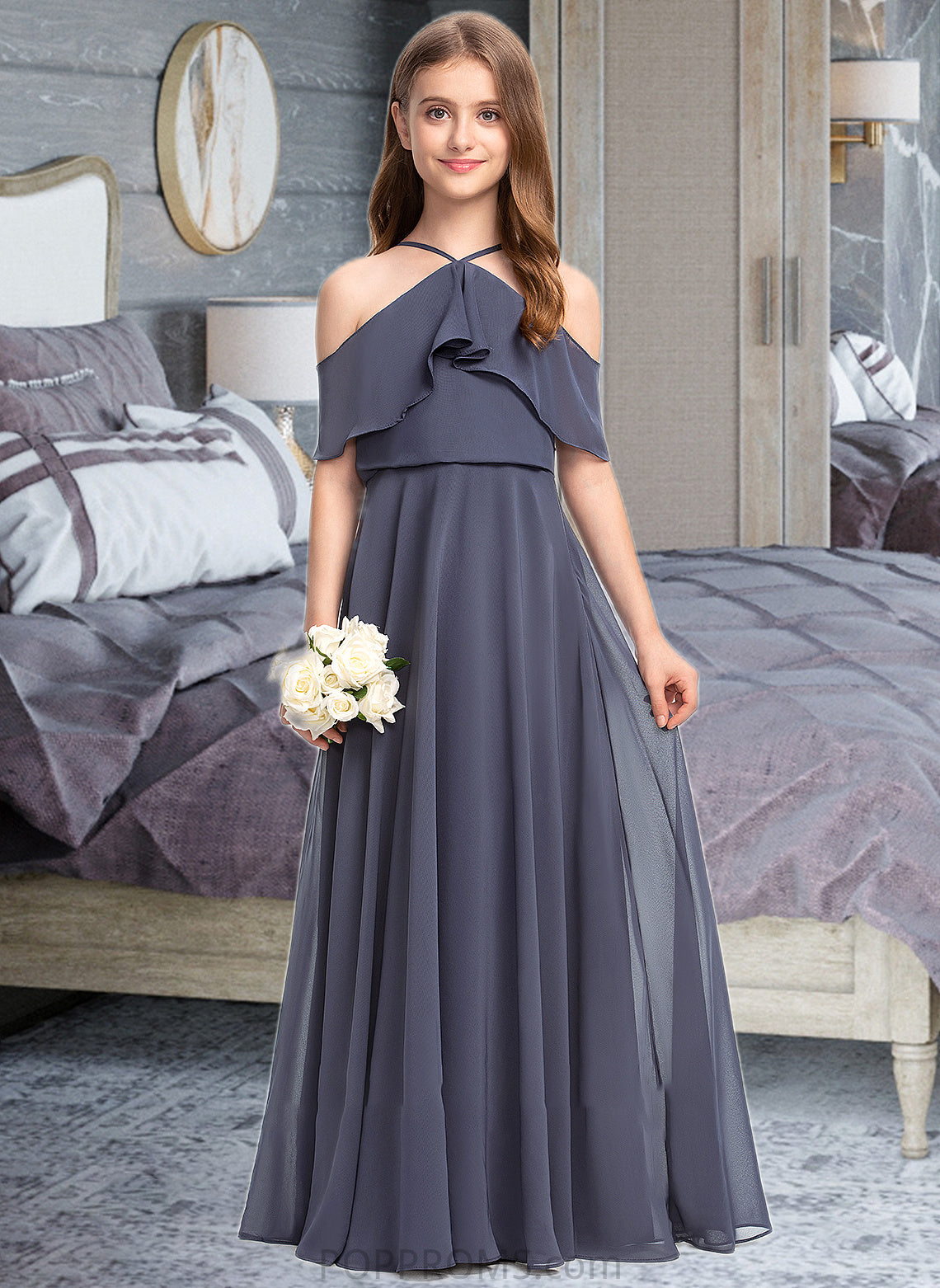 Kristen A-Line Off-the-Shoulder Floor-Length Chiffon Junior Bridesmaid Dress With Cascading Ruffles PP6P0013415