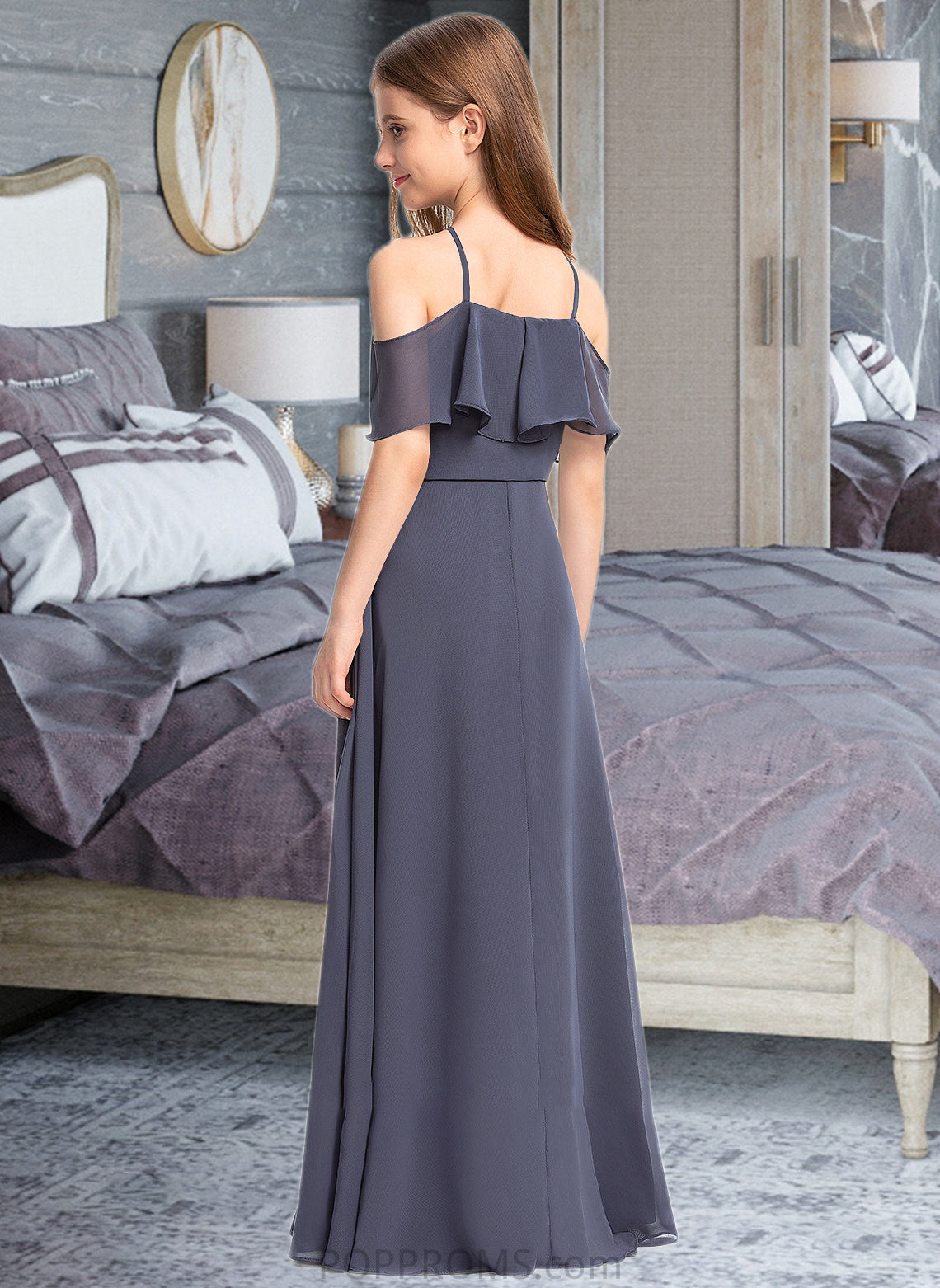 Kristen A-Line Off-the-Shoulder Floor-Length Chiffon Junior Bridesmaid Dress With Cascading Ruffles PP6P0013415