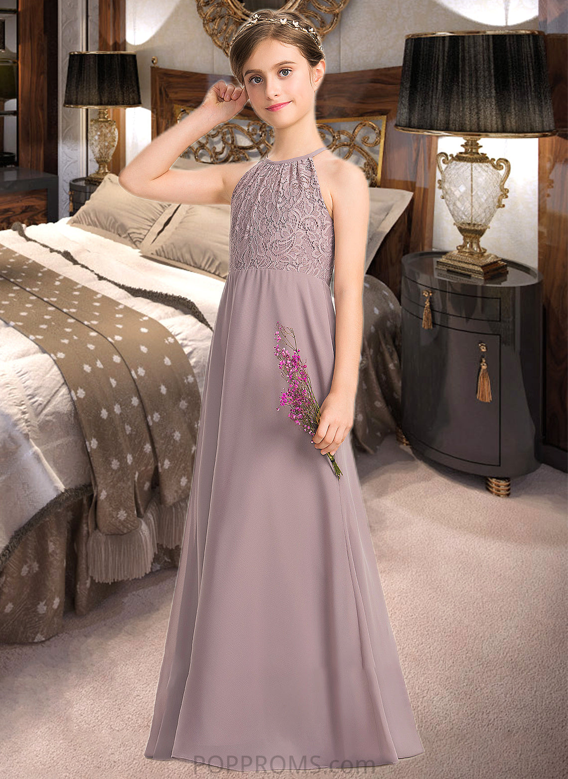 Ellen A-LineScoopNeckFloor-LengthChiffonLaceJuniorBridesmaidDressWithRuffle#173272 PP6P0013416