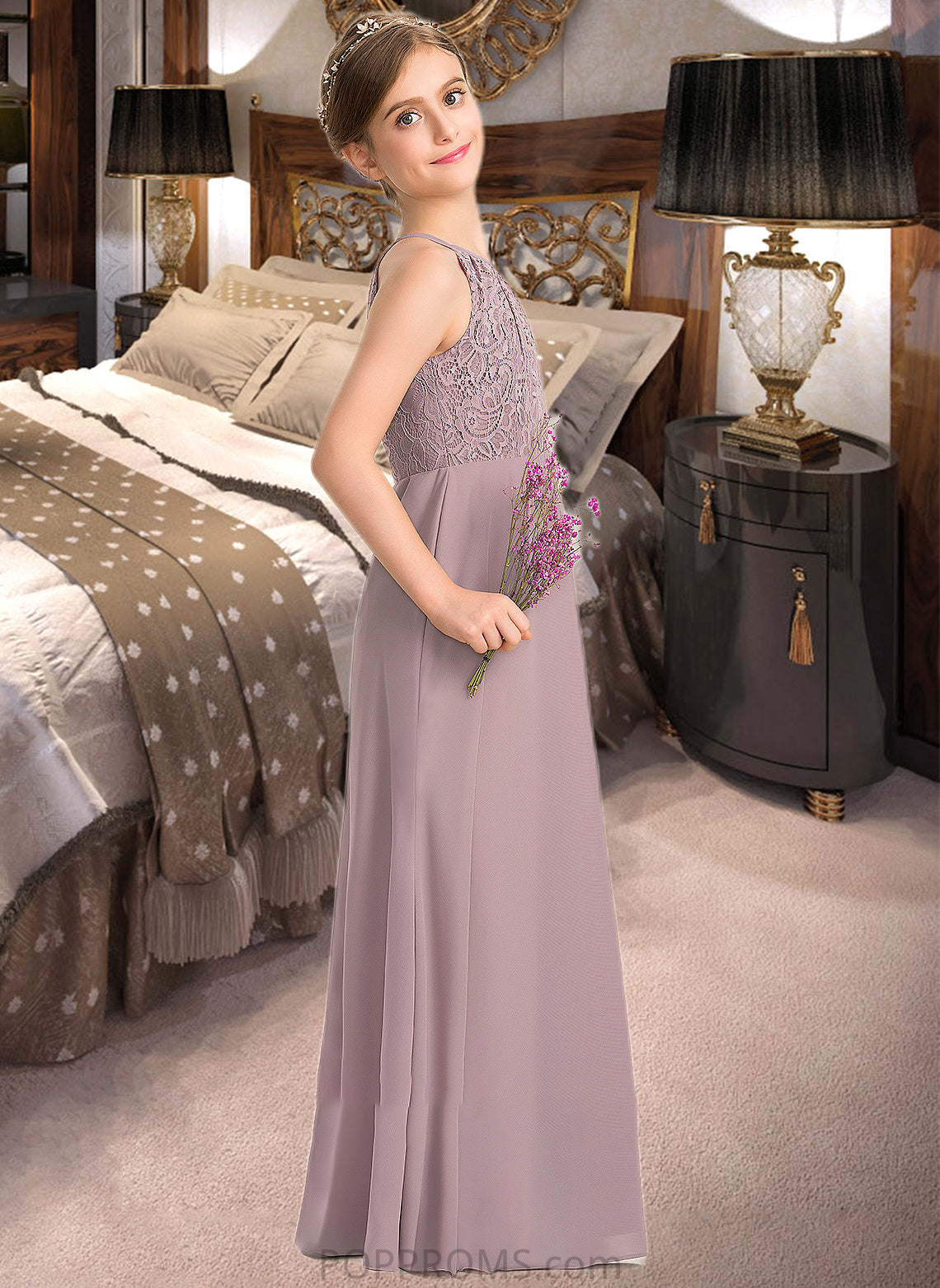 Ellen A-LineScoopNeckFloor-LengthChiffonLaceJuniorBridesmaidDressWithRuffle#173272 PP6P0013416