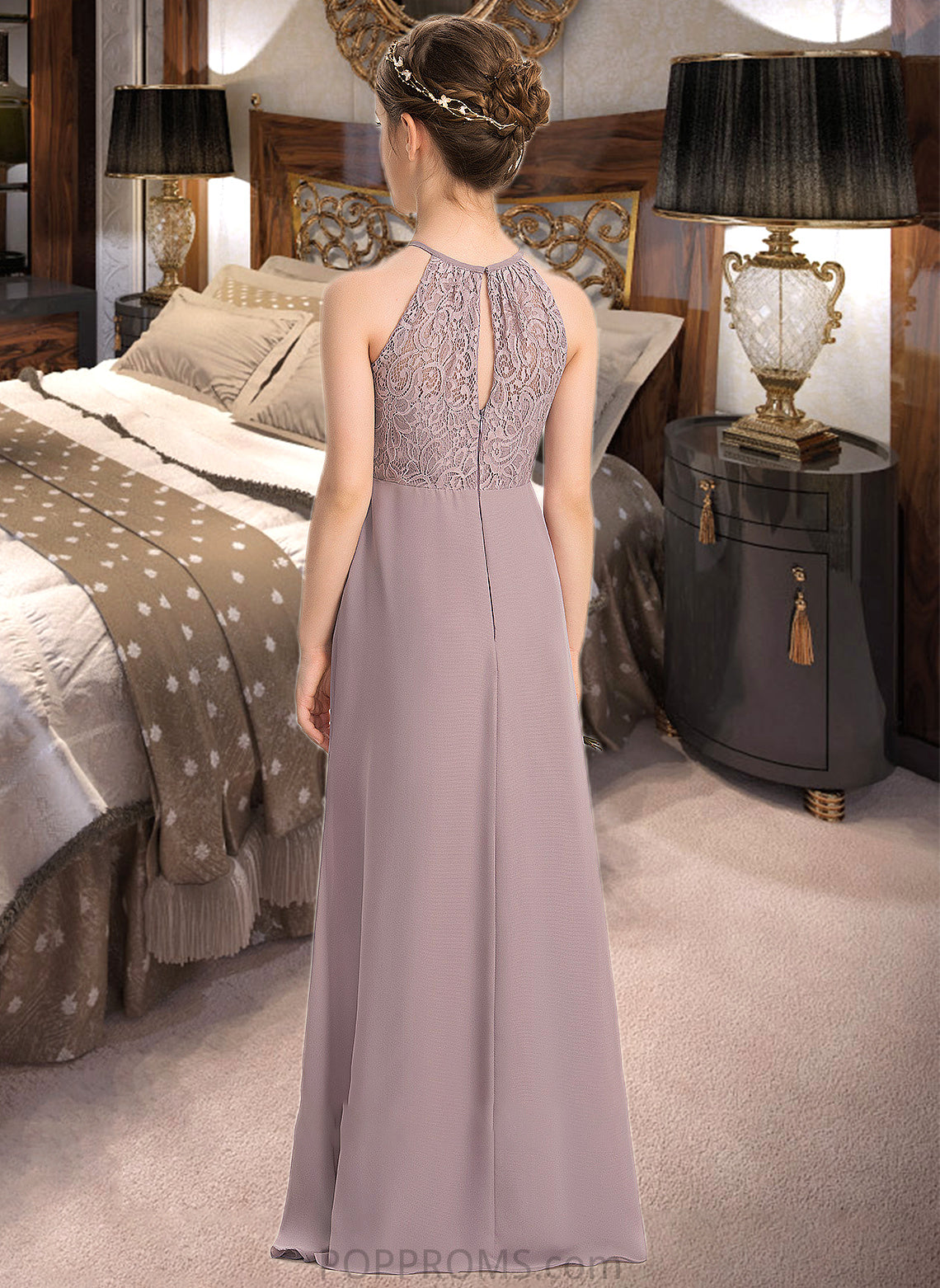 Ellen A-LineScoopNeckFloor-LengthChiffonLaceJuniorBridesmaidDressWithRuffle#173272 PP6P0013416