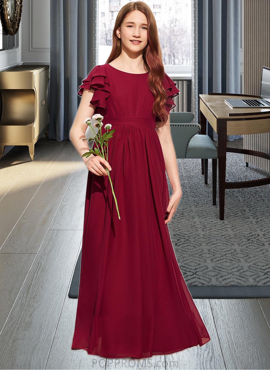 Giana A-Line Scoop Neck Floor-Length Chiffon Junior Bridesmaid Dress With Cascading Ruffles PP6P0013417