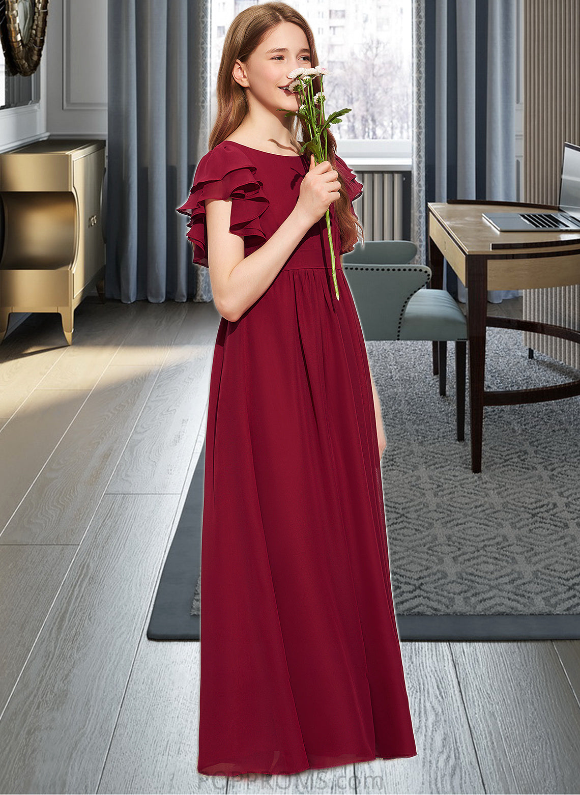 Giana A-Line Scoop Neck Floor-Length Chiffon Junior Bridesmaid Dress With Cascading Ruffles PP6P0013417