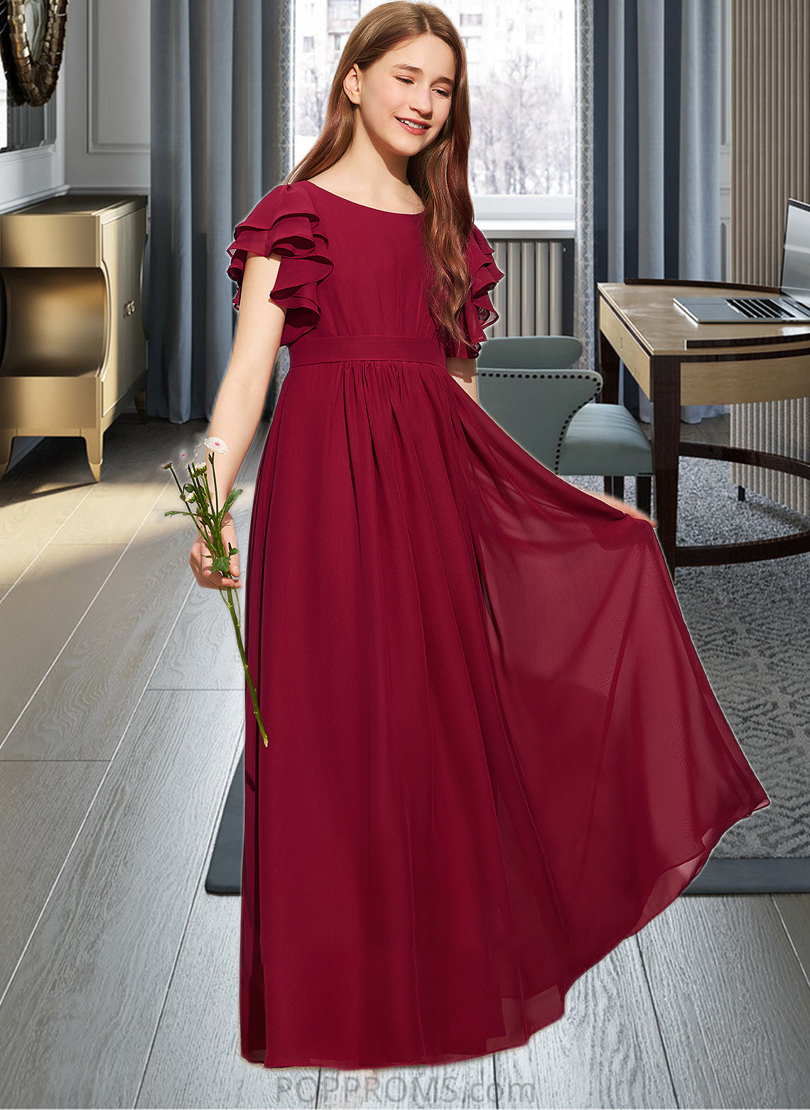 Giana A-Line Scoop Neck Floor-Length Chiffon Junior Bridesmaid Dress With Cascading Ruffles PP6P0013417