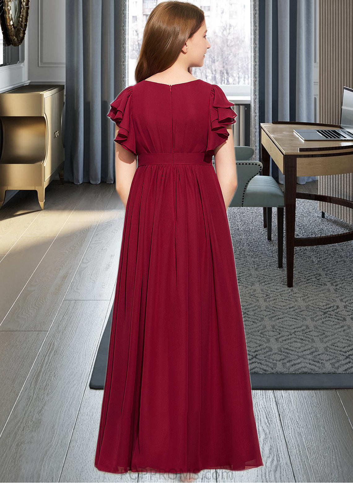 Giana A-Line Scoop Neck Floor-Length Chiffon Junior Bridesmaid Dress With Cascading Ruffles PP6P0013417