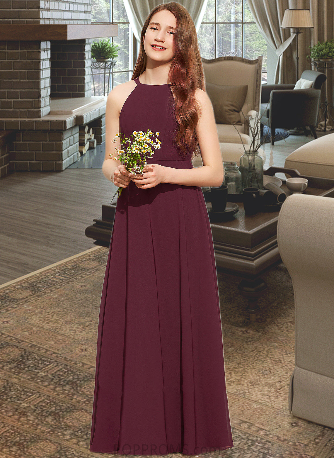 Salome A-Line Scoop Neck Floor-Length Chiffon Junior Bridesmaid Dress PP6P0013418