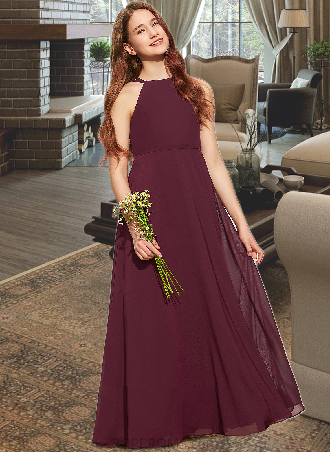 Salome A-Line Scoop Neck Floor-Length Chiffon Junior Bridesmaid Dress PP6P0013418