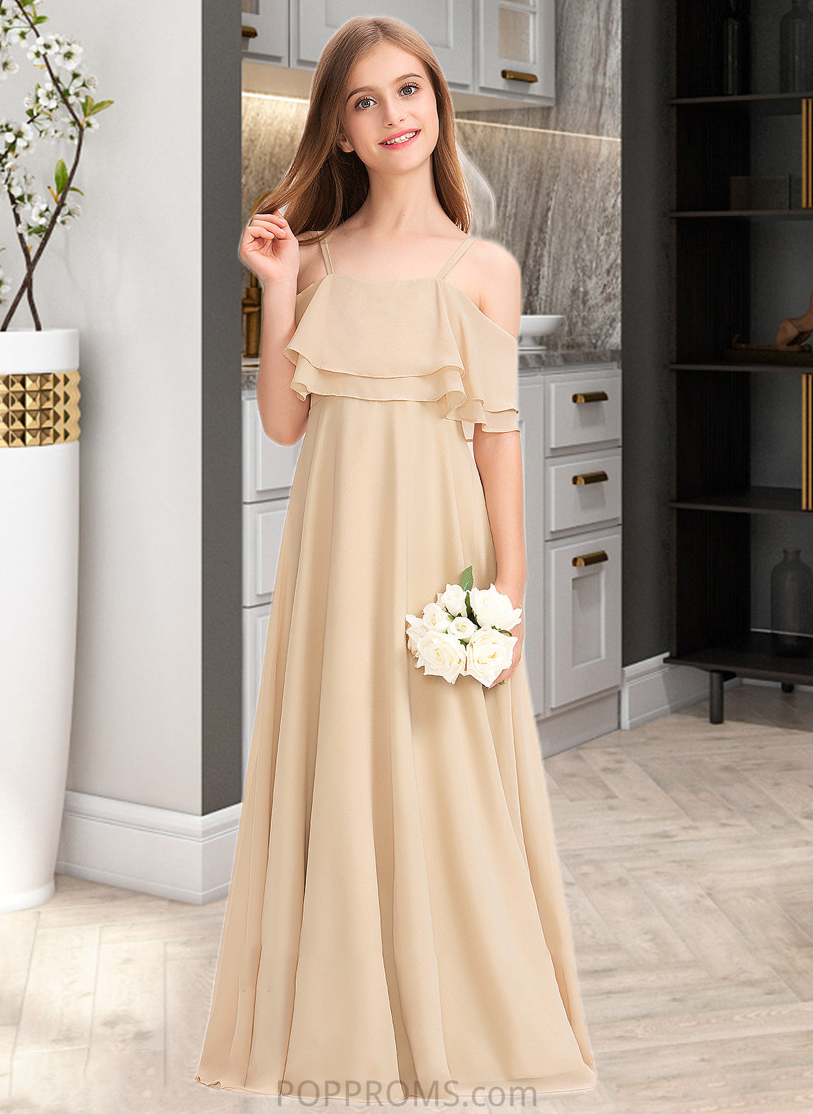 Phoenix A-Line Off-the-Shoulder Floor-Length Chiffon Junior Bridesmaid Dress With Cascading Ruffles PP6P0013419