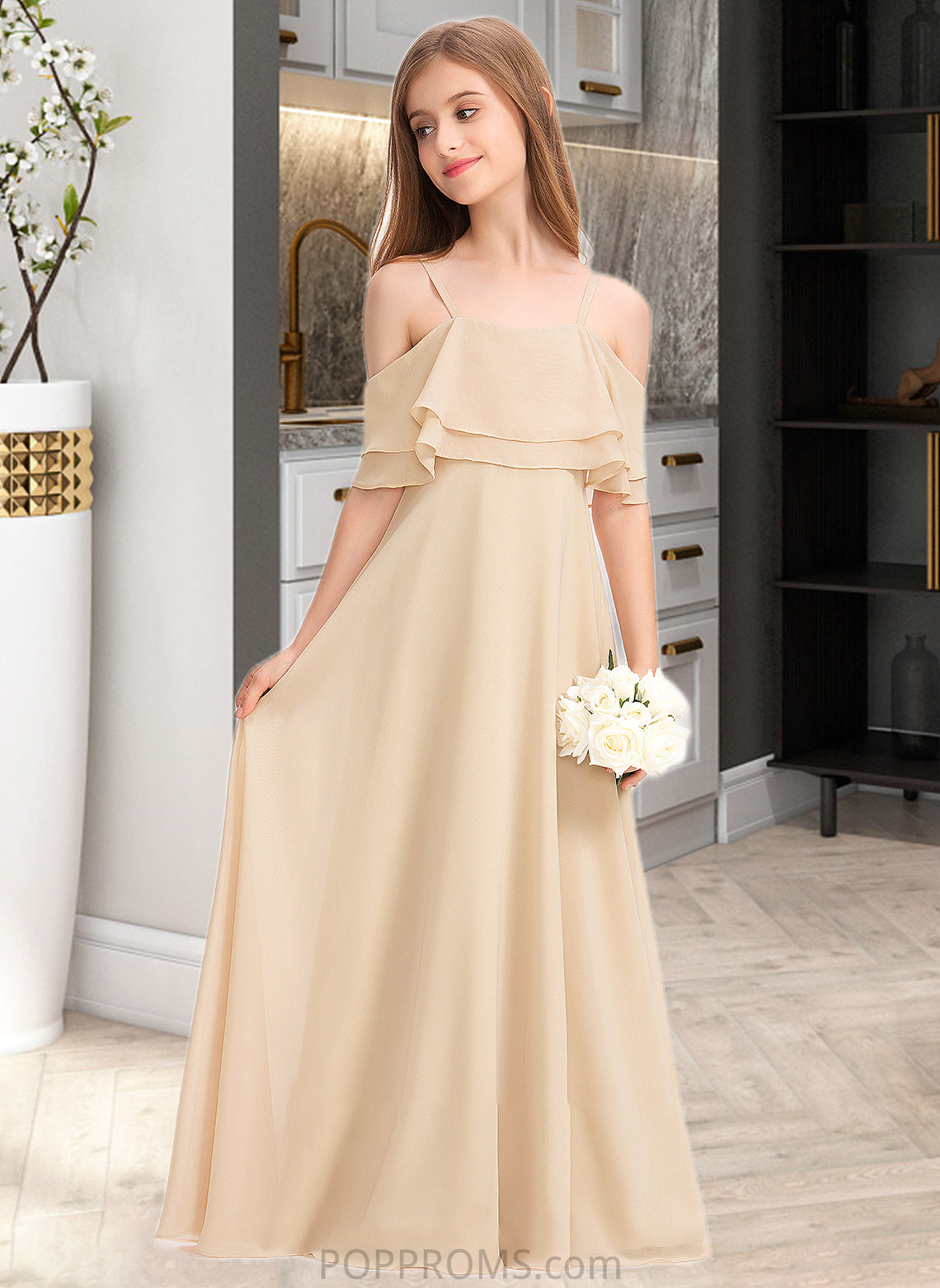 Phoenix A-Line Off-the-Shoulder Floor-Length Chiffon Junior Bridesmaid Dress With Cascading Ruffles PP6P0013419