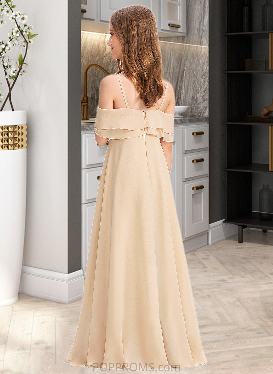 Phoenix A-Line Off-the-Shoulder Floor-Length Chiffon Junior Bridesmaid Dress With Cascading Ruffles PP6P0013419