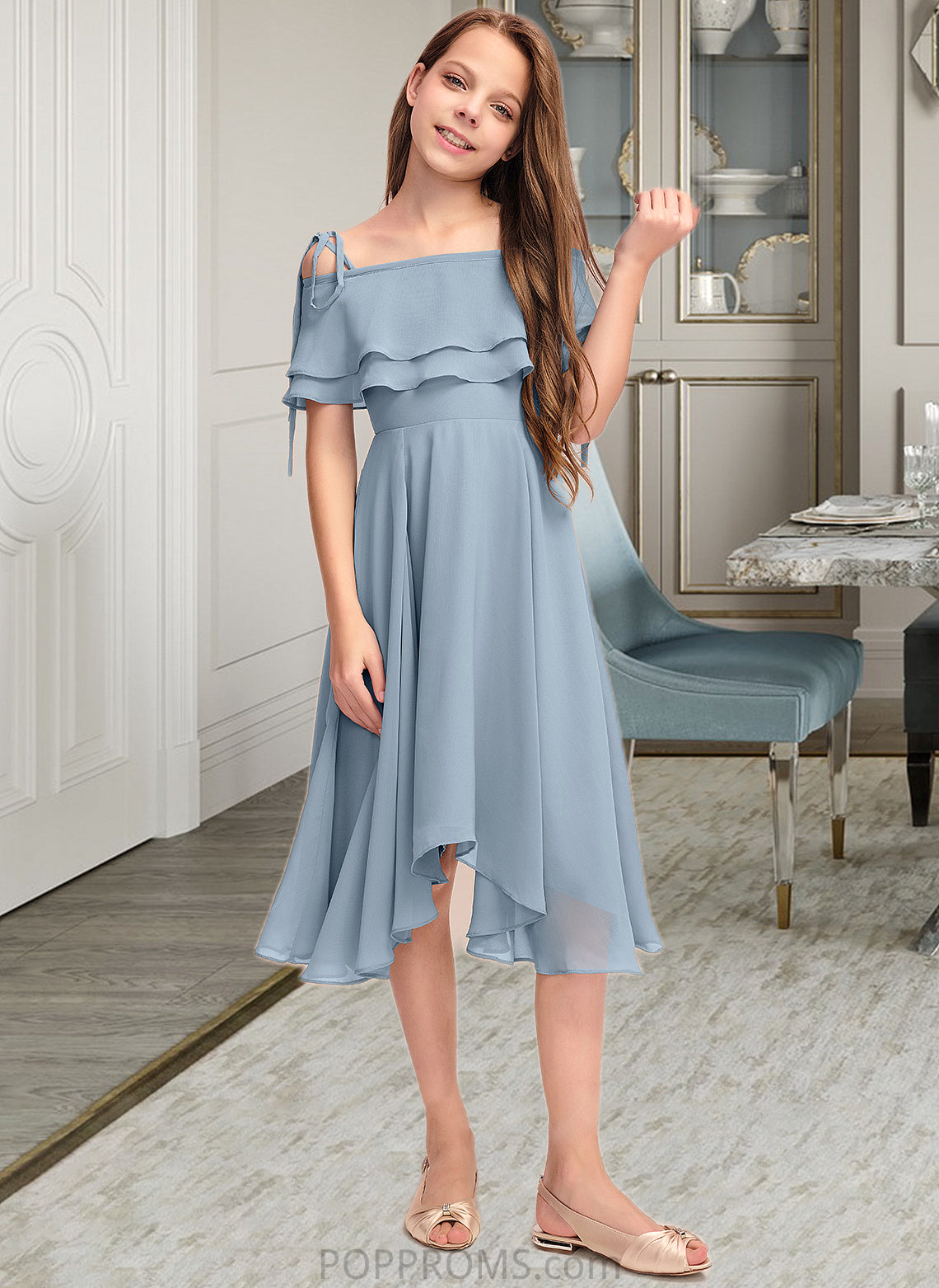 Thirza A-Line Off-the-Shoulder Asymmetrical Chiffon Junior Bridesmaid Dress With Cascading Ruffles PP6P0013420