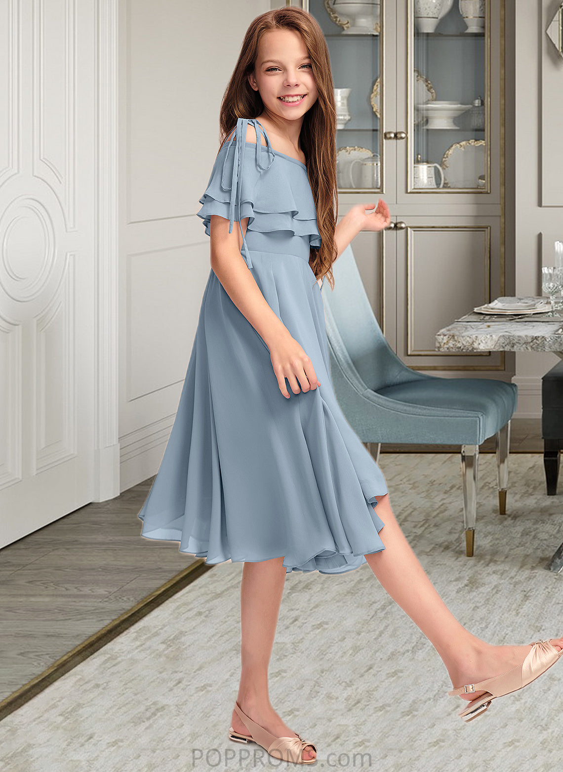 Thirza A-Line Off-the-Shoulder Asymmetrical Chiffon Junior Bridesmaid Dress With Cascading Ruffles PP6P0013420