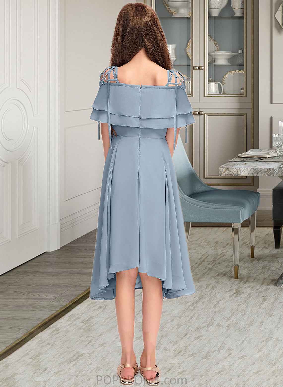 Thirza A-Line Off-the-Shoulder Asymmetrical Chiffon Junior Bridesmaid Dress With Cascading Ruffles PP6P0013420