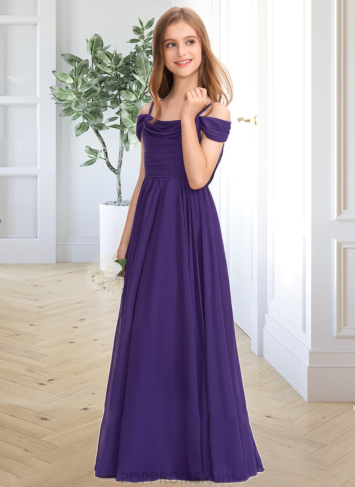 Emmalee A-Line Off-the-Shoulder Floor-Length Chiffon Junior Bridesmaid Dress With Ruffle PP6P0013421