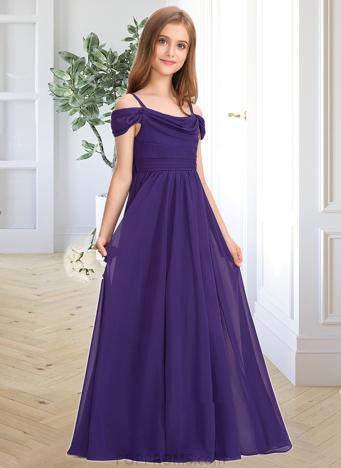 Emmalee A-Line Off-the-Shoulder Floor-Length Chiffon Junior Bridesmaid Dress With Ruffle PP6P0013421