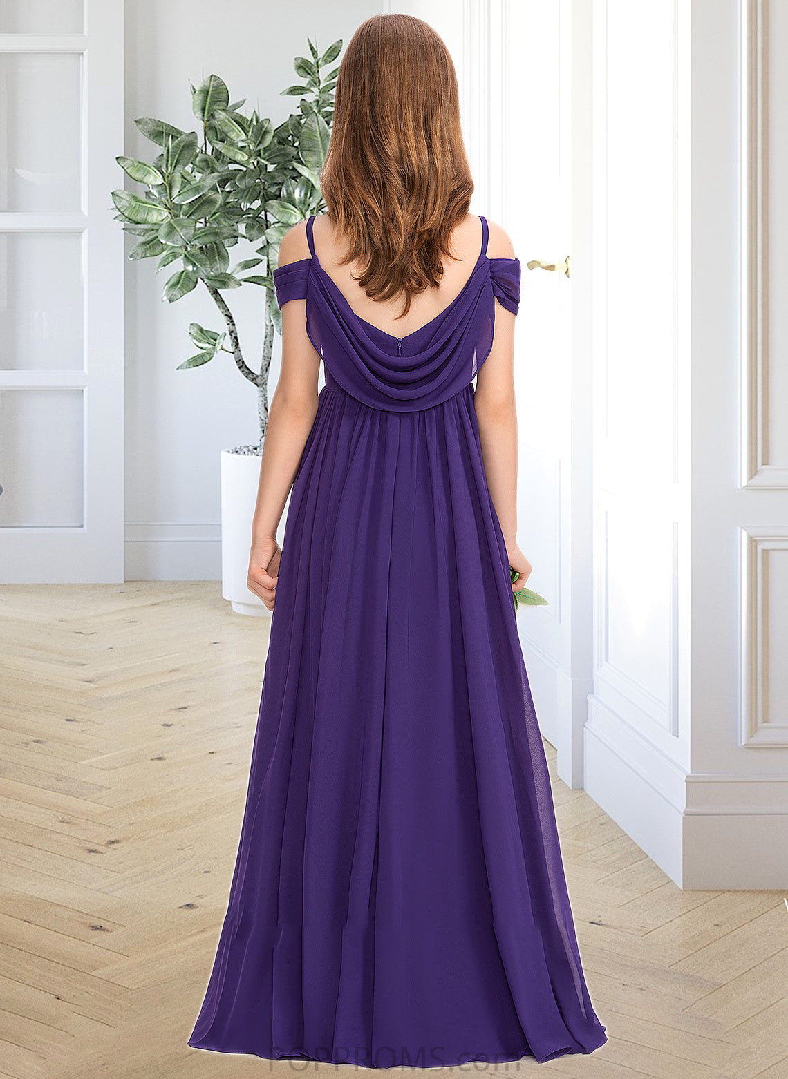 Emmalee A-Line Off-the-Shoulder Floor-Length Chiffon Junior Bridesmaid Dress With Ruffle PP6P0013421