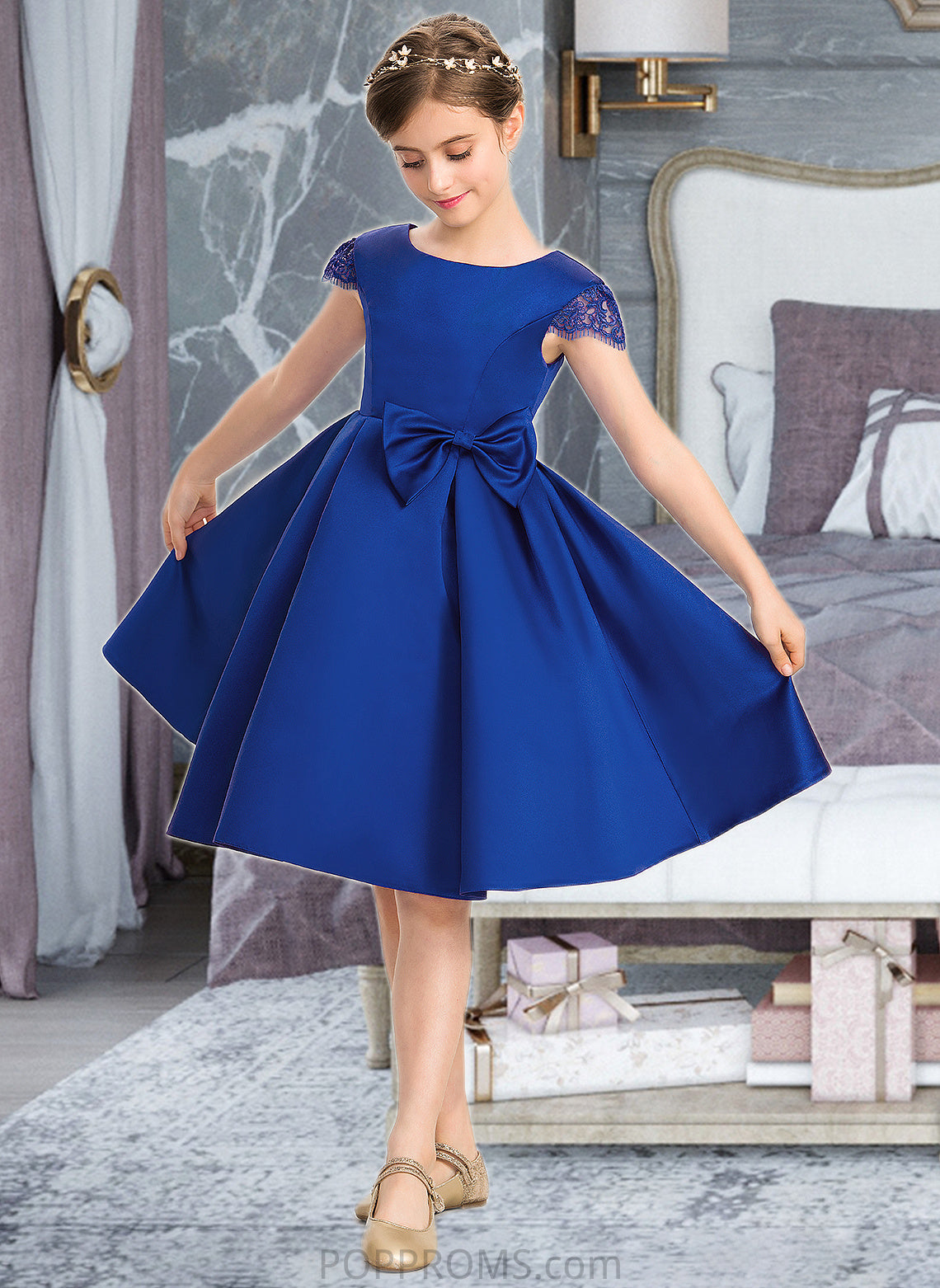 Carla A-Line Scoop Neck Knee-Length Satin Junior Bridesmaid Dress With Lace Bow(s) PP6P0013422