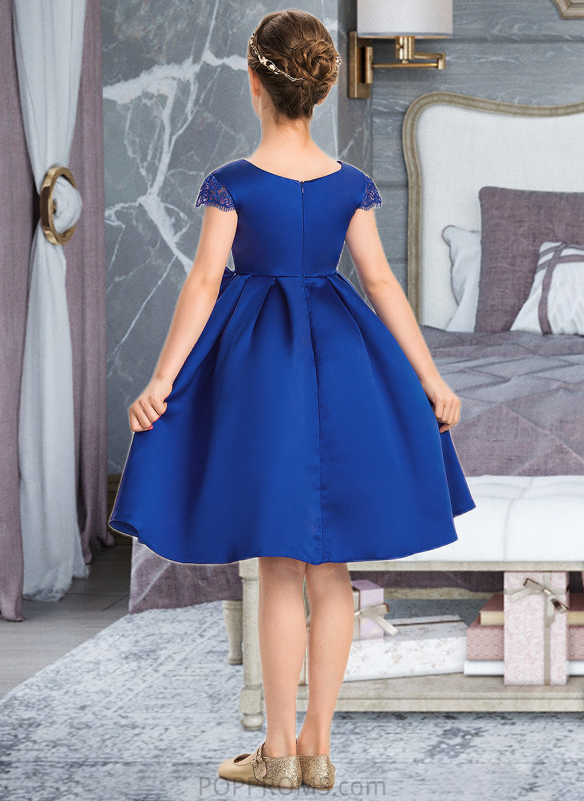 Carla A-Line Scoop Neck Knee-Length Satin Junior Bridesmaid Dress With Lace Bow(s) PP6P0013422