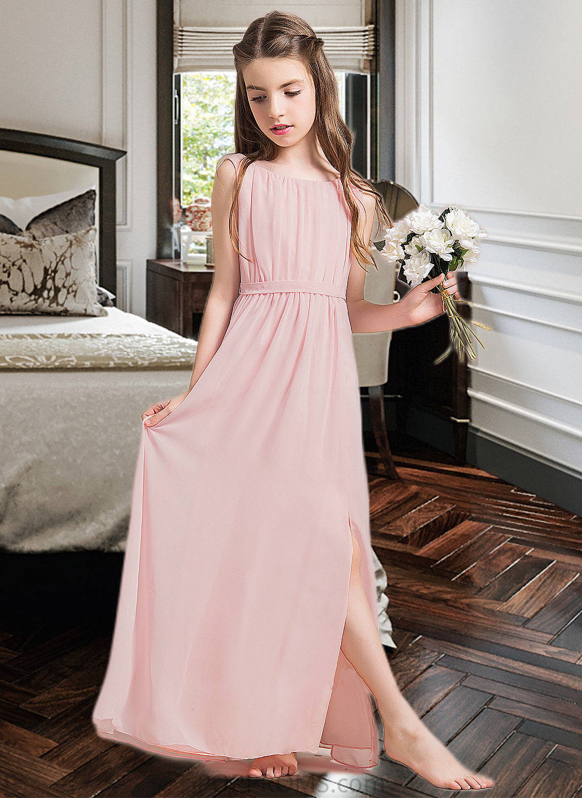 Lois A-Line Scoop Neck Floor-Length Chiffon Junior Bridesmaid Dress With Ruffle Split Front PP6P0013425