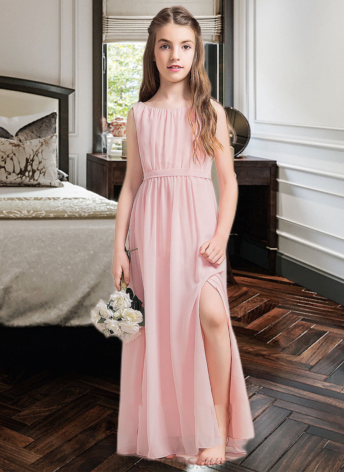 Lois A-Line Scoop Neck Floor-Length Chiffon Junior Bridesmaid Dress With Ruffle Split Front PP6P0013425