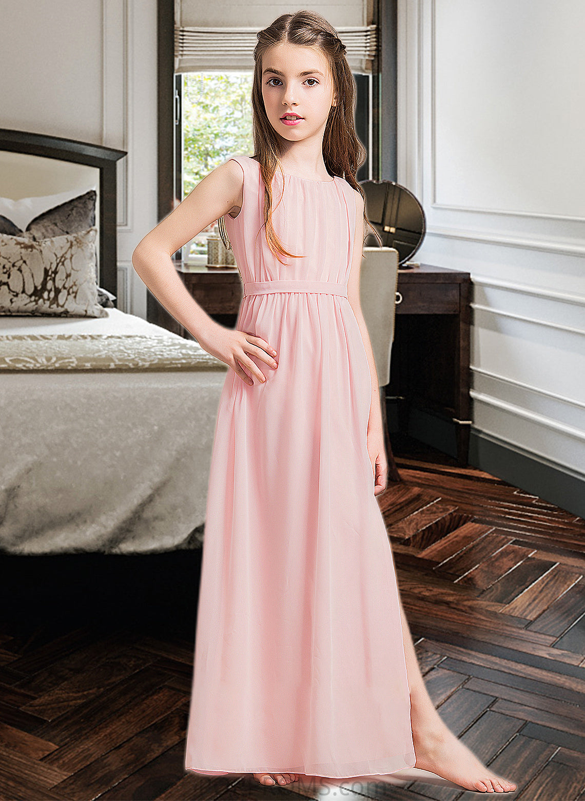 Lois A-Line Scoop Neck Floor-Length Chiffon Junior Bridesmaid Dress With Ruffle Split Front PP6P0013425