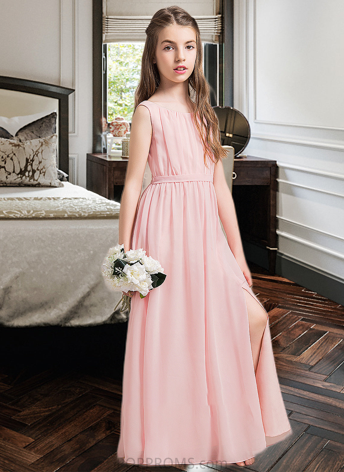 Lois A-Line Scoop Neck Floor-Length Chiffon Junior Bridesmaid Dress With Ruffle Split Front PP6P0013425