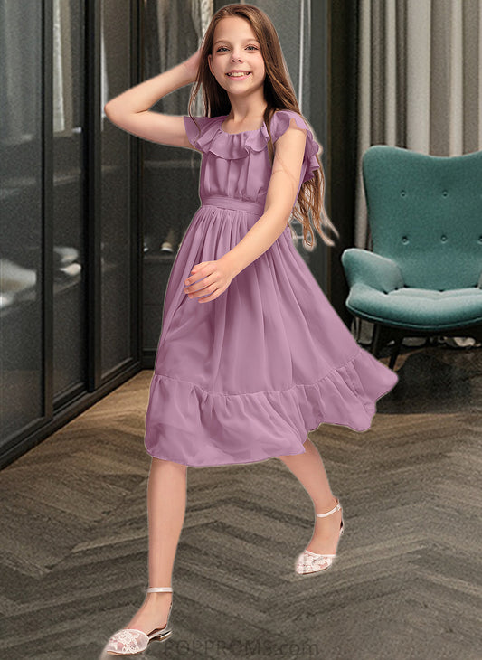 Phyllis A-Line Scoop Neck Knee-Length Chiffon Junior Bridesmaid Dress With Bow(s) Cascading Ruffles PP6P0013426