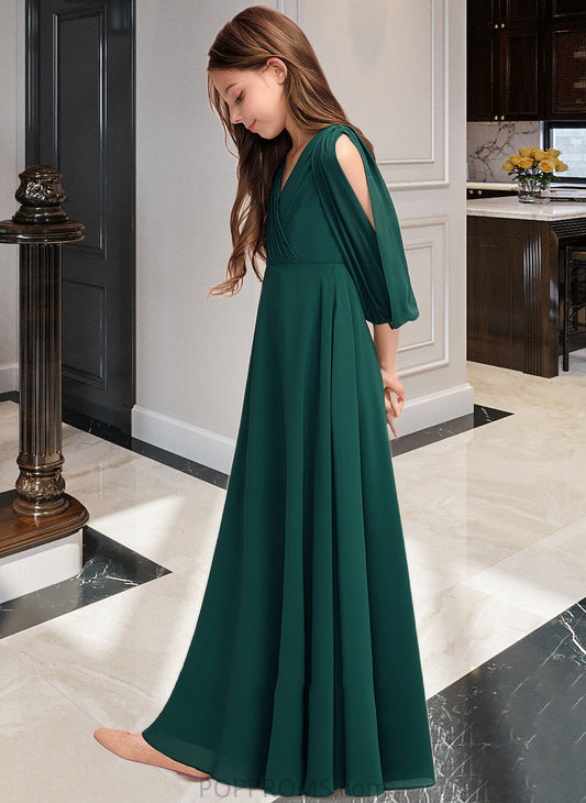 Karma A-Line V-neck Floor-Length Chiffon Junior Bridesmaid Dress With Ruffles PP6P0013427