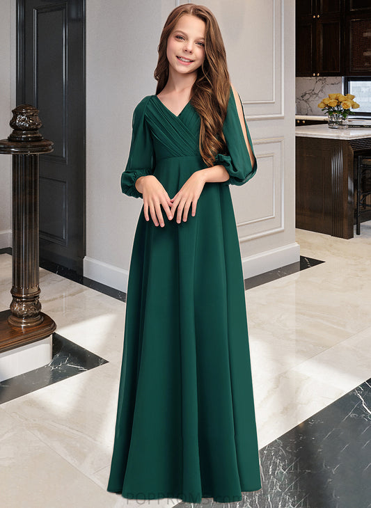 Karma A-Line V-neck Floor-Length Chiffon Junior Bridesmaid Dress With Ruffles PP6P0013427