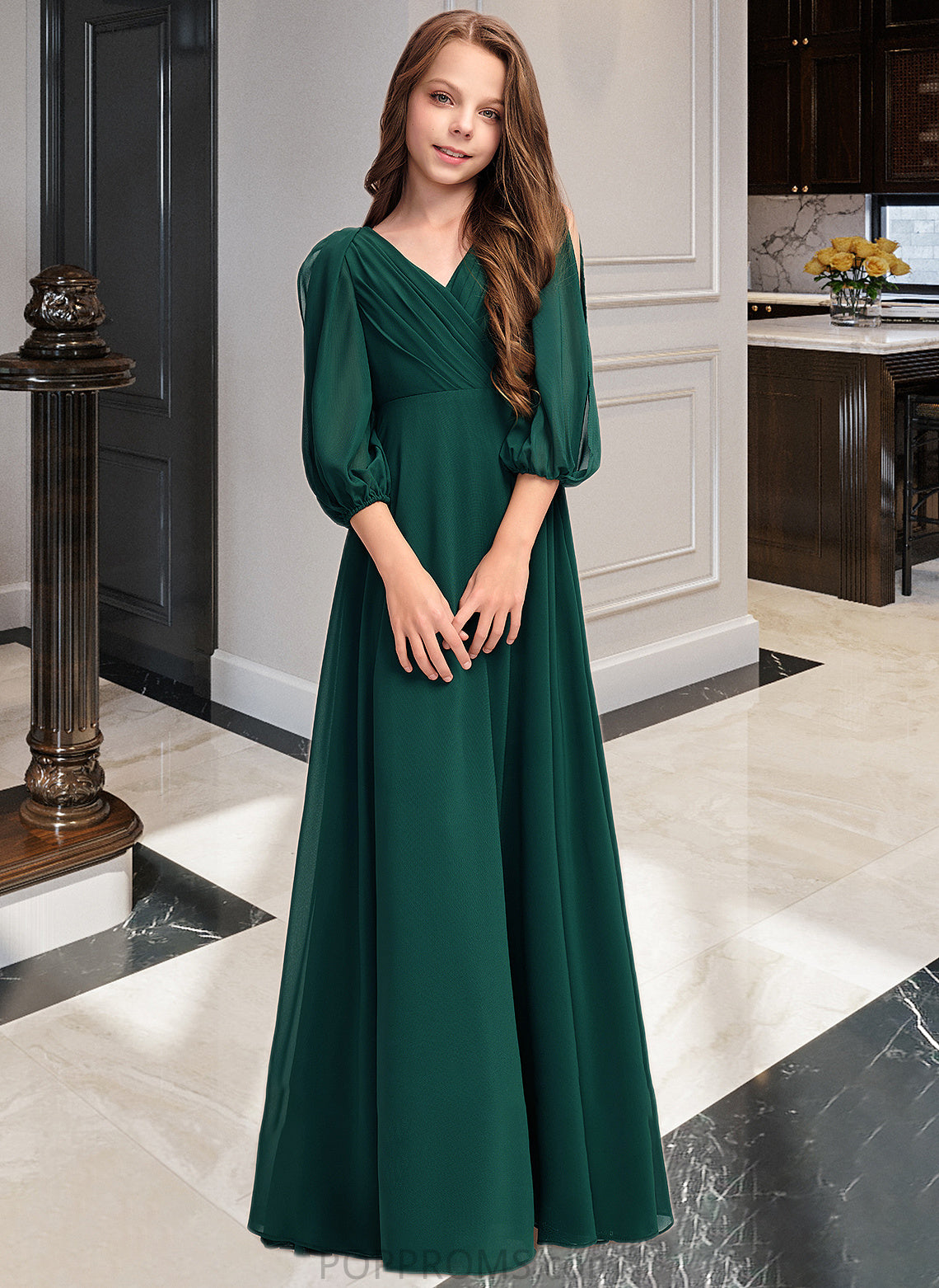 Karma A-Line V-neck Floor-Length Chiffon Junior Bridesmaid Dress With Ruffles PP6P0013427