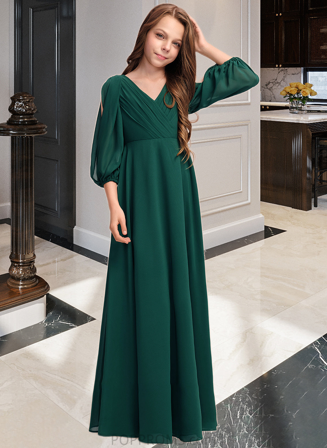 Karma A-Line V-neck Floor-Length Chiffon Junior Bridesmaid Dress With Ruffles PP6P0013427