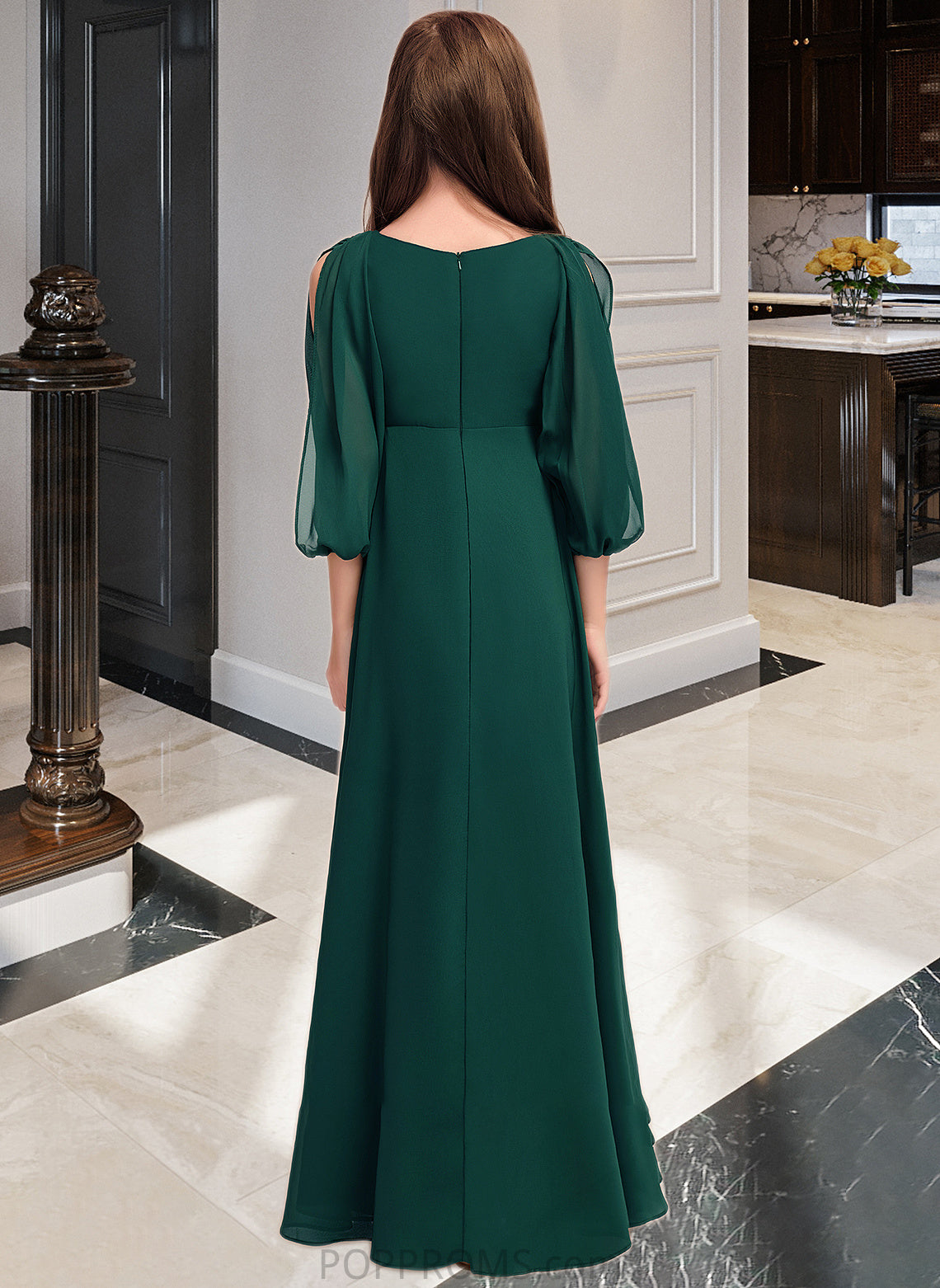 Karma A-Line V-neck Floor-Length Chiffon Junior Bridesmaid Dress With Ruffles PP6P0013427