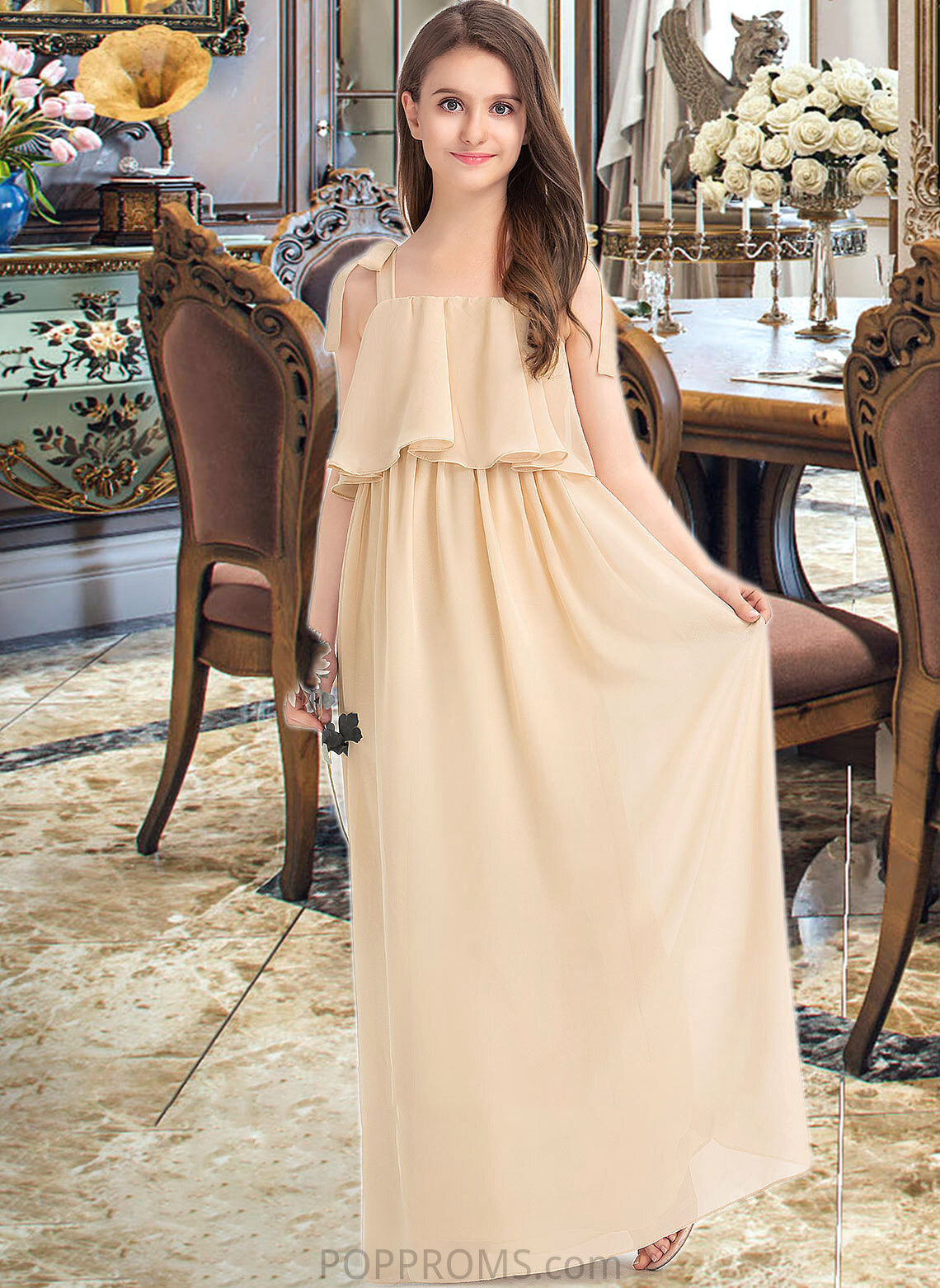 Natasha A-Line Square Neckline Floor-Length Chiffon Junior Bridesmaid Dress With Bow(s) Cascading Ruffles PP6P0013428