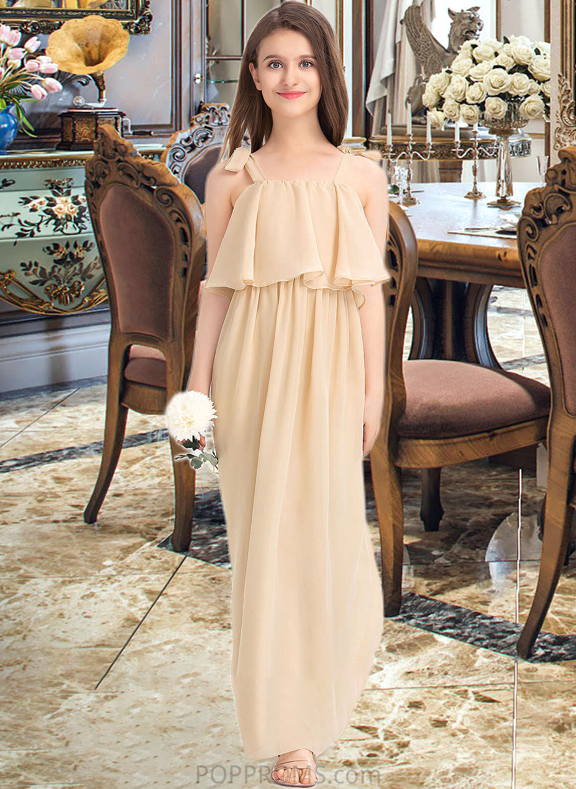 Natasha A-Line Square Neckline Floor-Length Chiffon Junior Bridesmaid Dress With Bow(s) Cascading Ruffles PP6P0013428