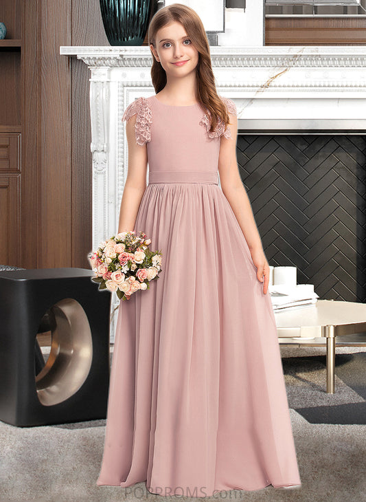 Callie A-Line Scoop Neck Floor-Length Chiffon Lace Junior Bridesmaid Dress With Bow(s) PP6P0013429