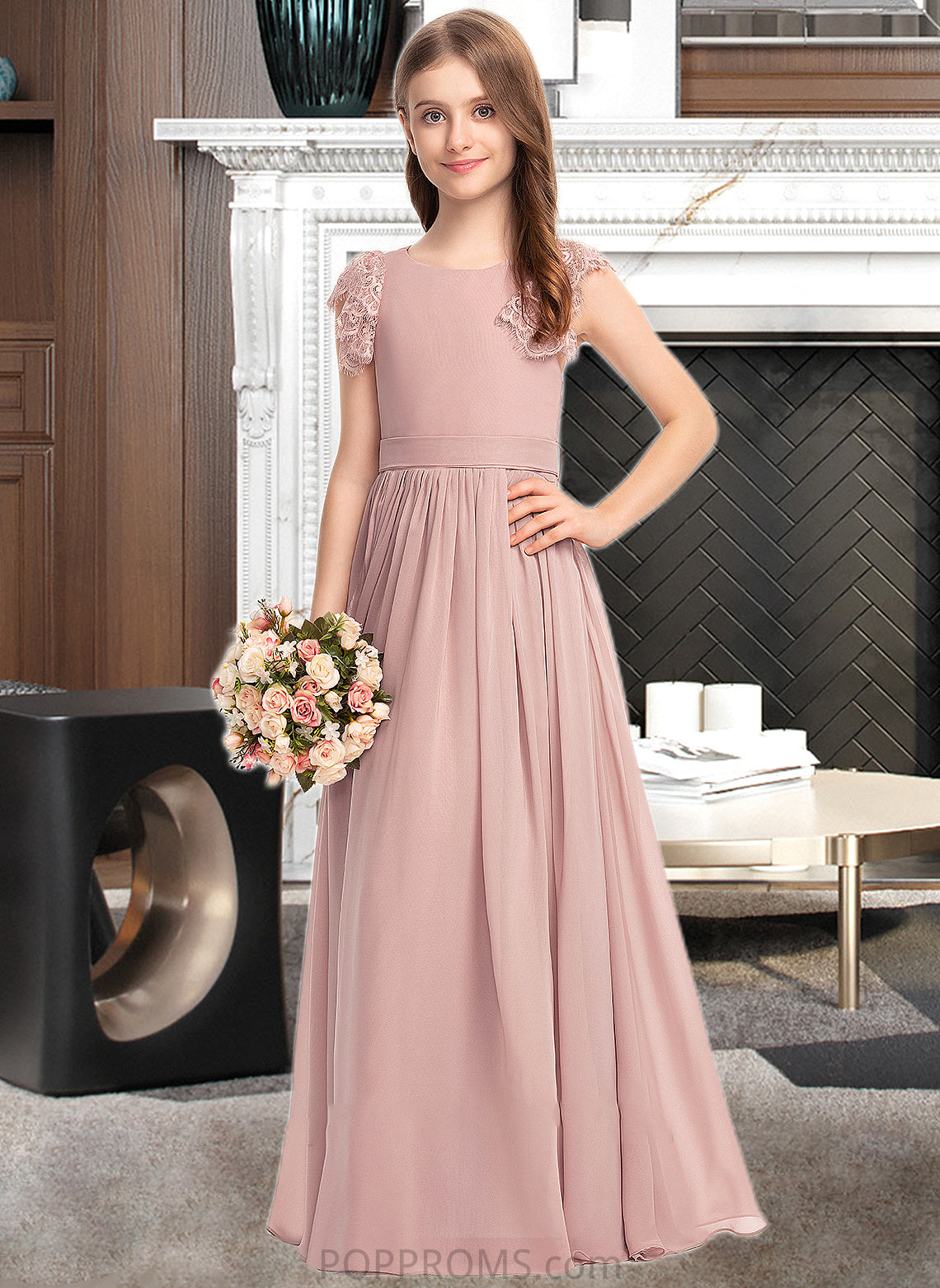 Callie A-Line Scoop Neck Floor-Length Chiffon Lace Junior Bridesmaid Dress With Bow(s) PP6P0013429