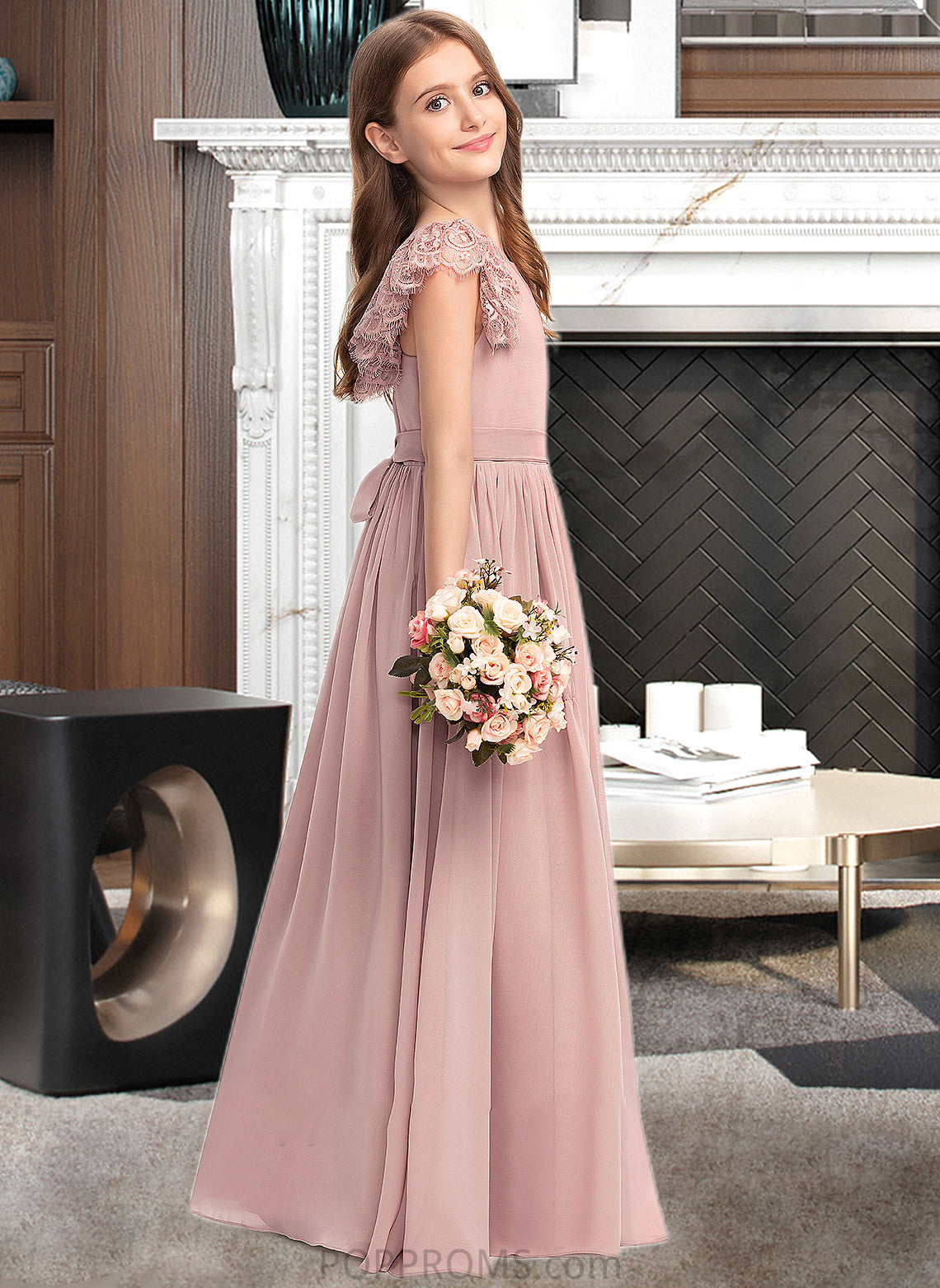 Callie A-Line Scoop Neck Floor-Length Chiffon Lace Junior Bridesmaid Dress With Bow(s) PP6P0013429