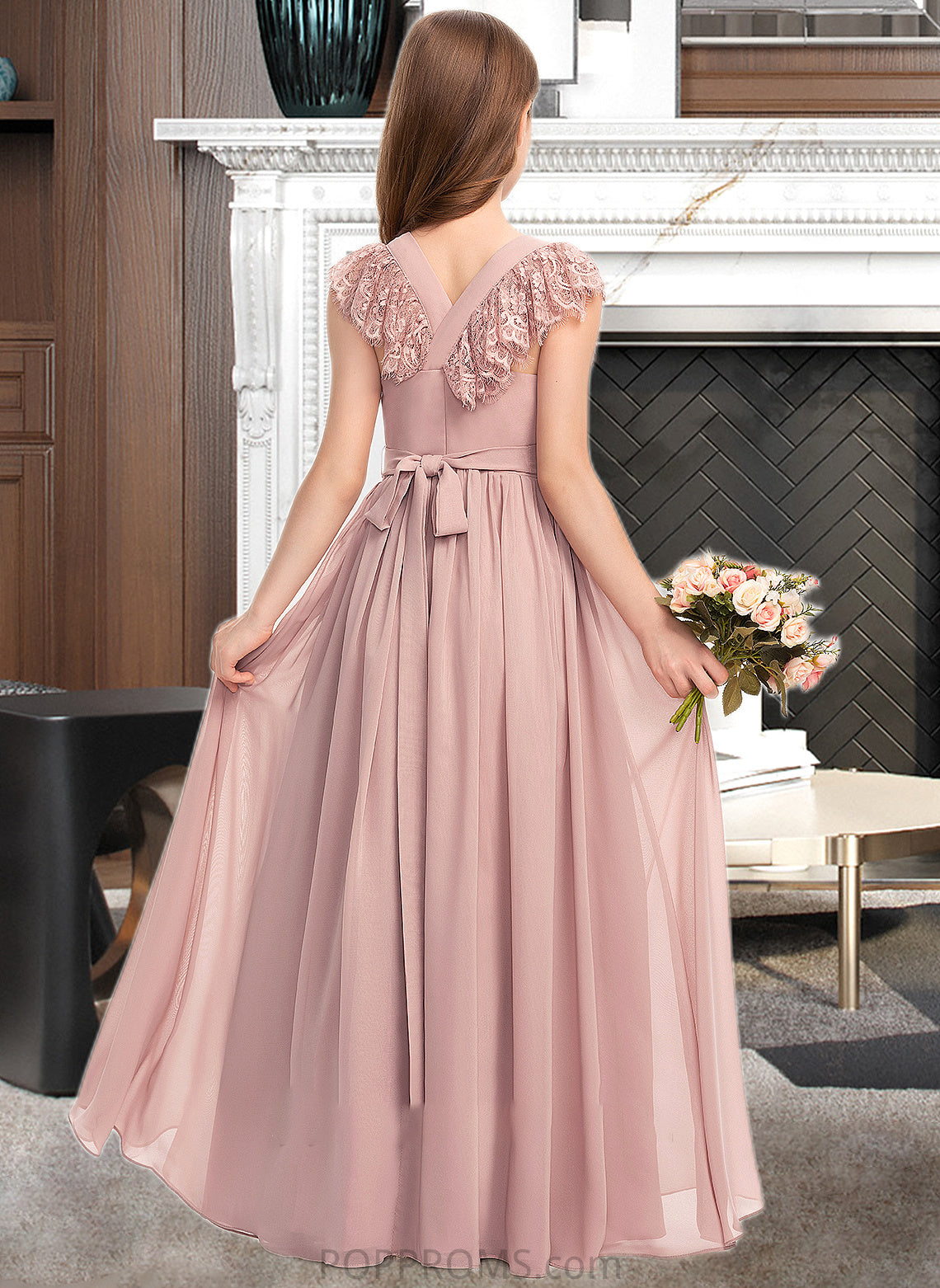 Callie A-Line Scoop Neck Floor-Length Chiffon Lace Junior Bridesmaid Dress With Bow(s) PP6P0013429