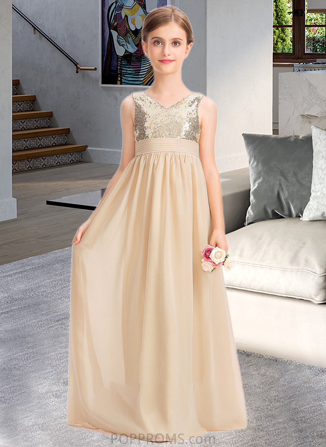 Annabelle A-Line V-neck Floor-Length Chiffon Sequined Junior Bridesmaid Dress With Ruffle PP6P0013430