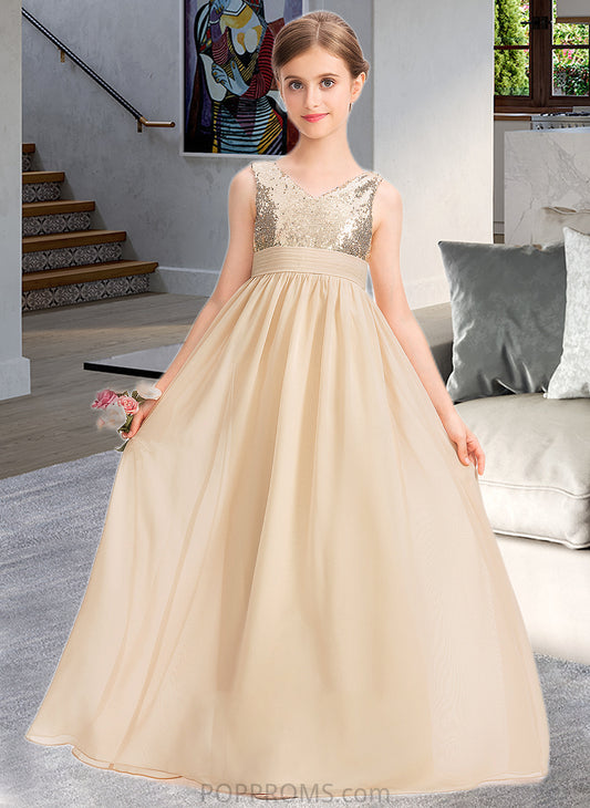 Annabelle A-Line V-neck Floor-Length Chiffon Sequined Junior Bridesmaid Dress With Ruffle PP6P0013430