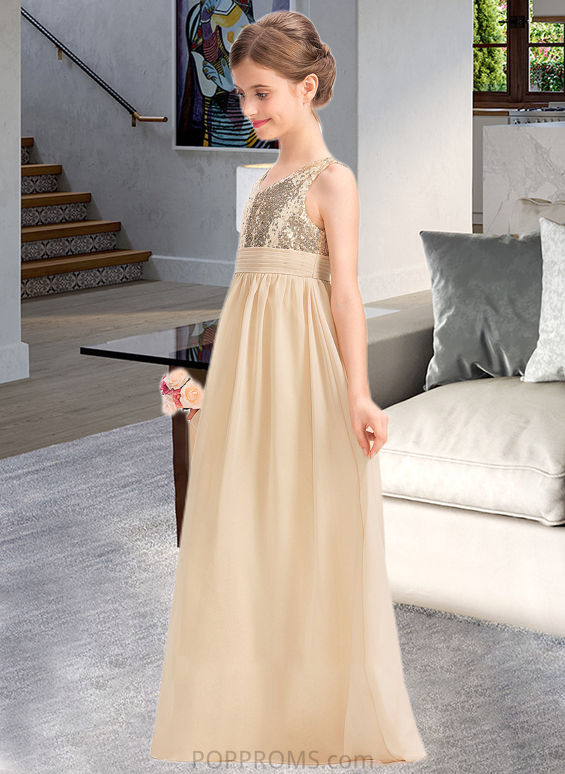 Annabelle A-Line V-neck Floor-Length Chiffon Sequined Junior Bridesmaid Dress With Ruffle PP6P0013430