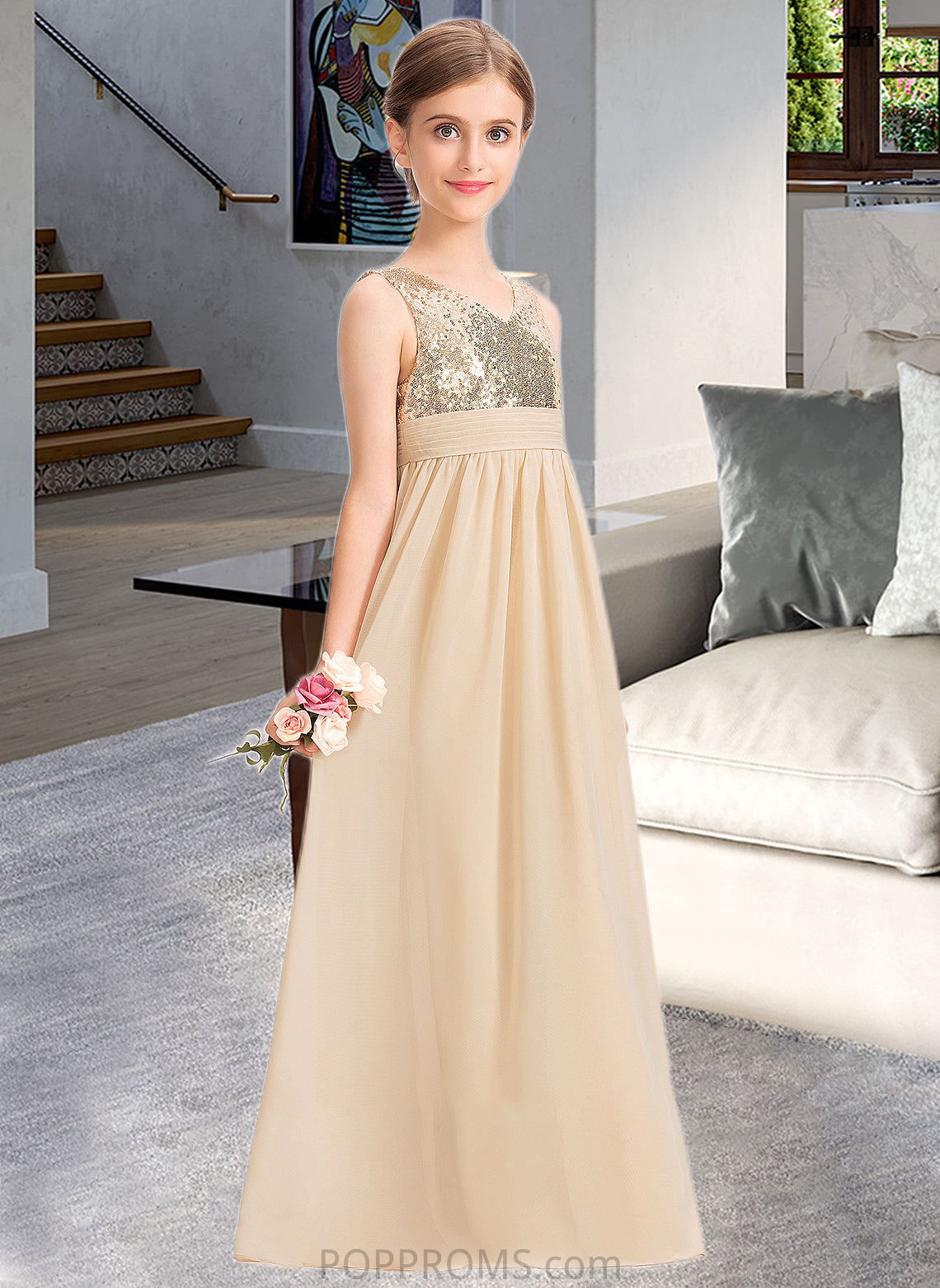 Annabelle A-Line V-neck Floor-Length Chiffon Sequined Junior Bridesmaid Dress With Ruffle PP6P0013430