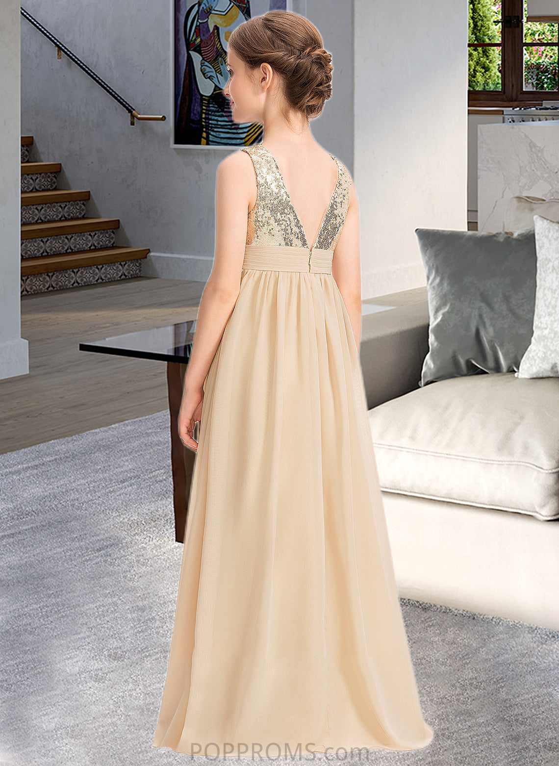 Annabelle A-Line V-neck Floor-Length Chiffon Sequined Junior Bridesmaid Dress With Ruffle PP6P0013430