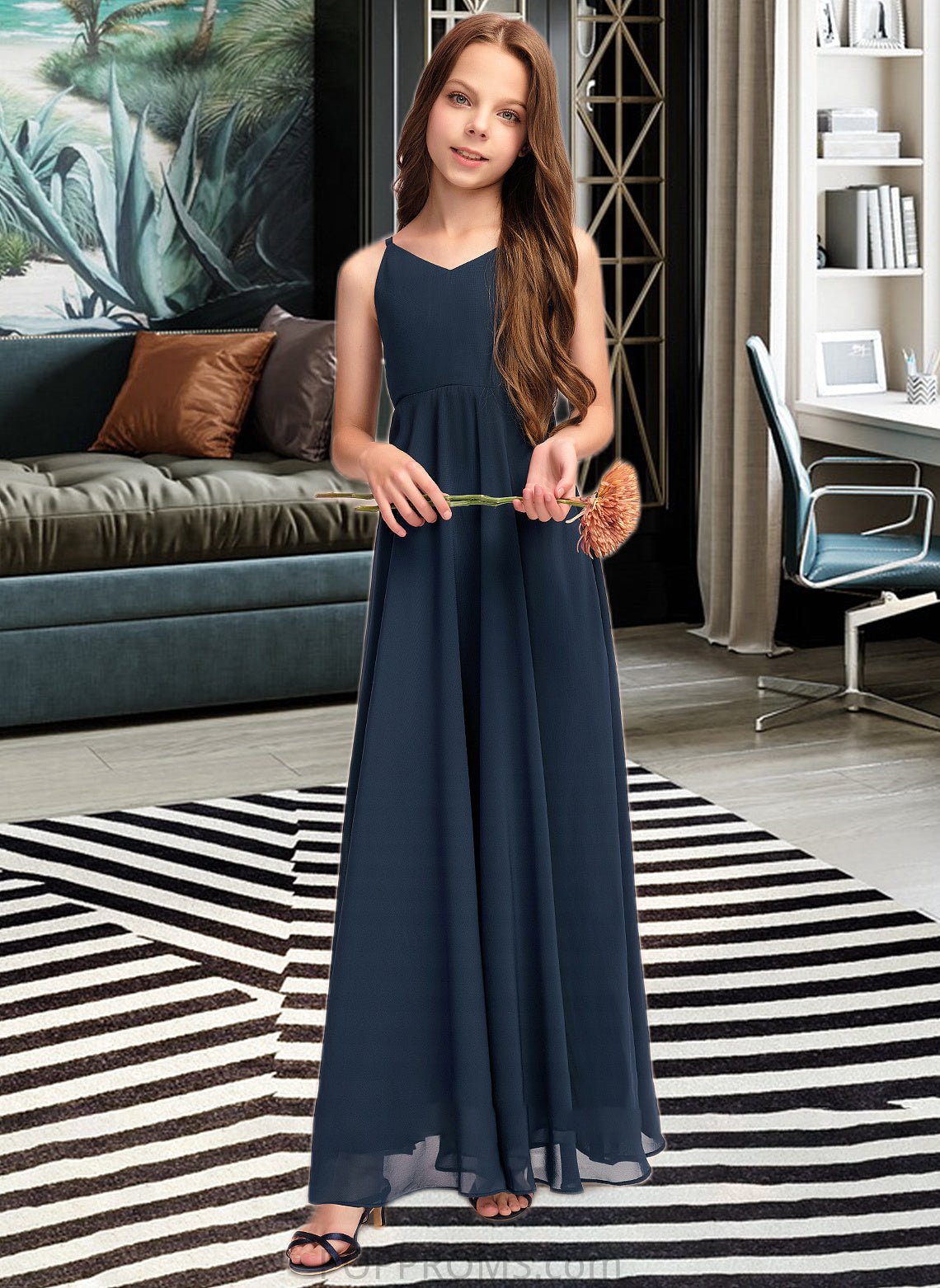 Andrea A-Line V-neck Floor-Length Chiffon Junior Bridesmaid Dress With Bow(s) PP6P0013432